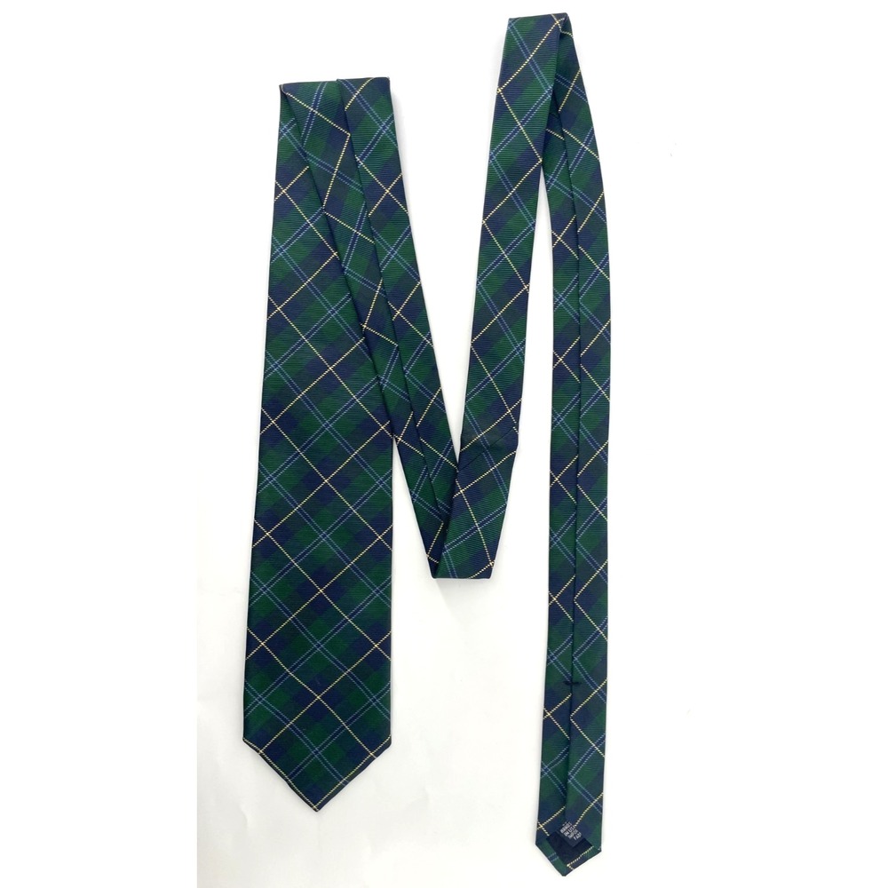 Lands End Necktie Tie Green Navy Silk USA Made Long Preppy Ivy Tartan Plaid Vtg